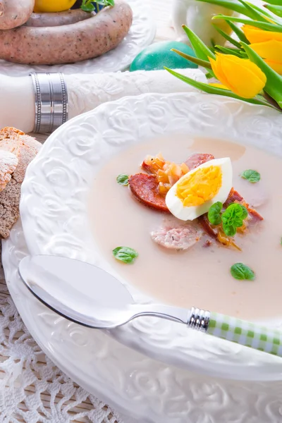 Polish Easter soup with egg and sausage — Stock Photo, Image