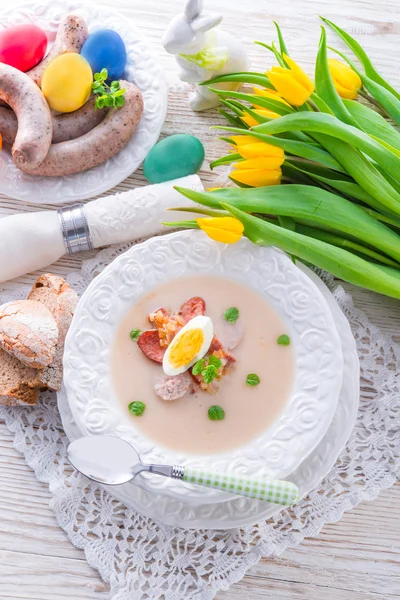 Polish Easter soup with egg and sausage — Stock Photo, Image