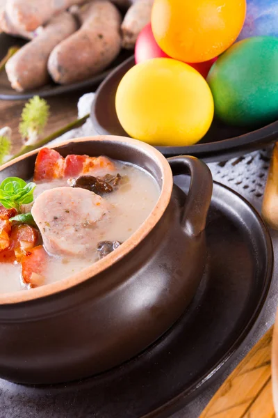 Polish Easter soup with egg and sausage — Stock Image Polish Easter soup with egg and sausage Stock Photo