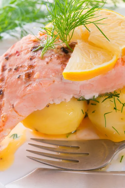 Lachs vom Grill mit Dill und gekochten Kartoffeln — Stockfoto