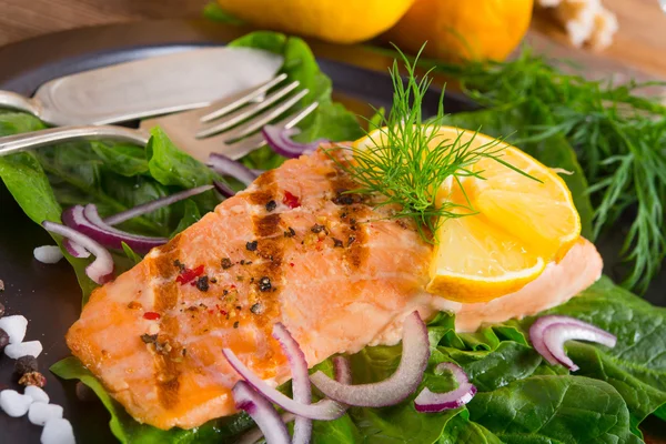 Filetes de salmão grelhados sobre espinafre — Fotografia de Stock