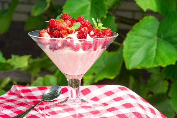 Woodland strawberry with whipped cream — Stock Photo, Image