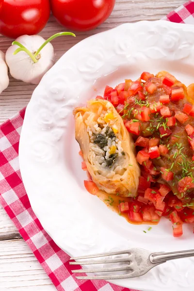 Vegetarian cabbage rolls with spinach and salsa — Stock Photo, Image