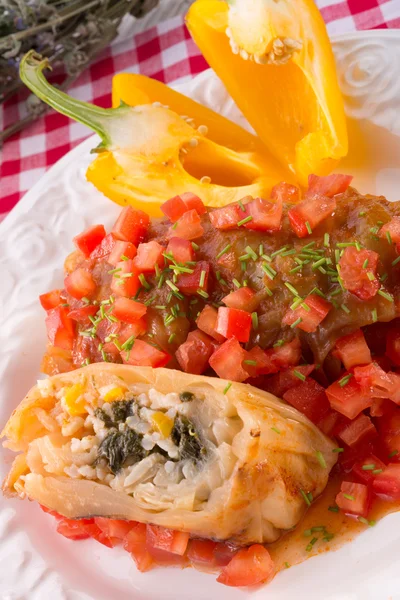 Rollos de col vegetariana con espinacas y salsa —  Fotos de Stock