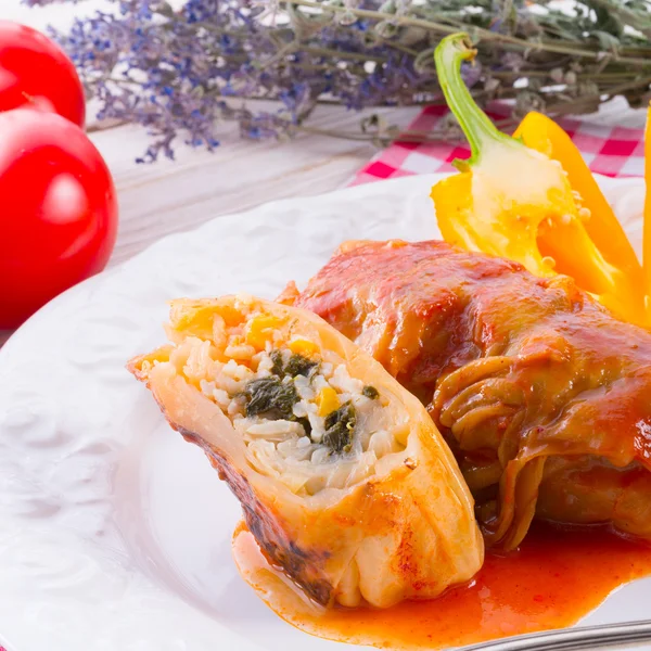 Involtini di cavolo vegetariano con spinaci e salsa — Foto Stock