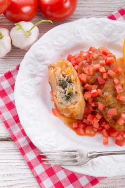 Vejetaryen lahana, ıspanak ve salsa ile rulo