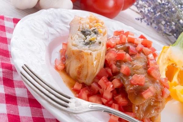 Vegetarian cabbage rolls with spinach and salsa — Stock Photo, Image