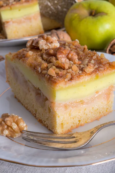 Apple strudel with vanilla pudding and nuts — Stock Photo, Image