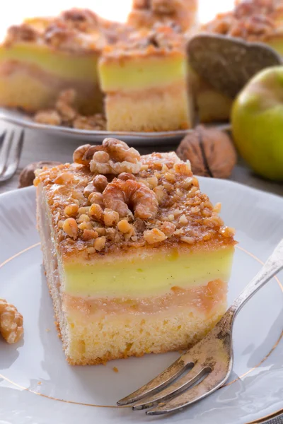 Apfelstrudel met vanille pudding en noten — Stockfoto