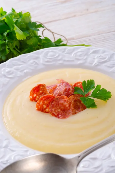 Potato cream soup with chorizo and garlic — Stock Photo, Image