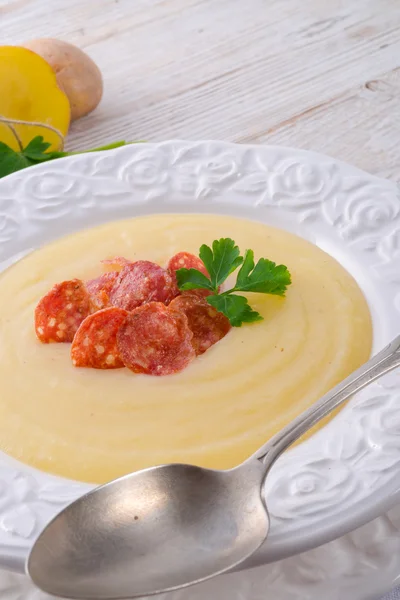 Potato cream soup with chorizo and garlic — Stock Photo, Image