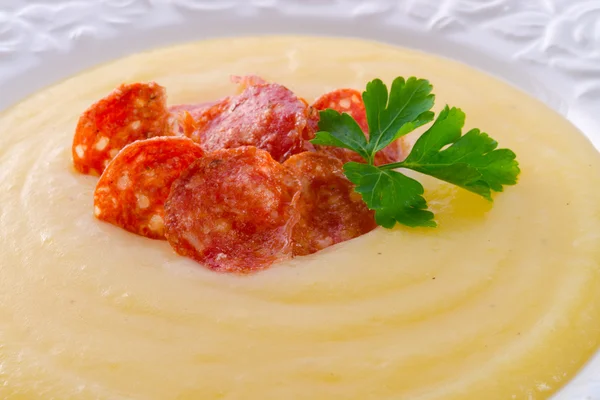 Potato cream soup with chorizo and garlic — Stock Photo, Image