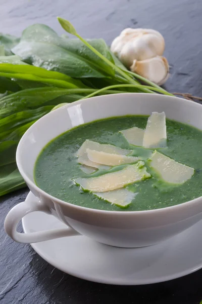 Bärlauchsuppe mit Parmesan — Stockfoto