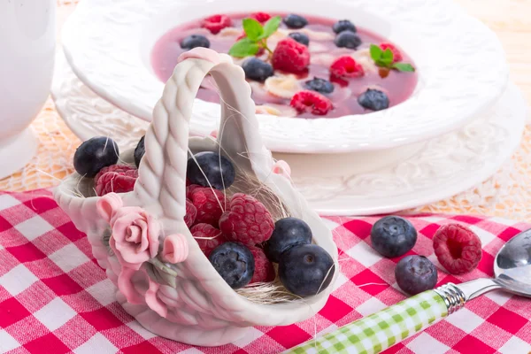 Porzelan basket with raspberry and bilberry — Stock Photo, Image