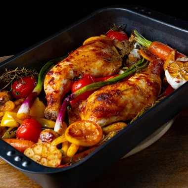 Çeşitli sebzelerle kızarmış tavuk bacağı.