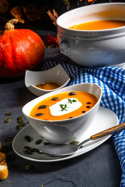 Delicious Vegetable Pumpkin Cream Soup Coconut Milk — Stock Photo, Image