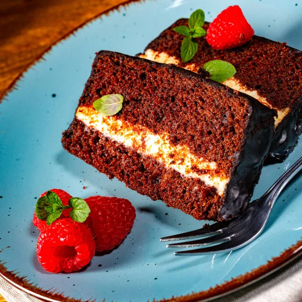 Rustic Chocolate Cake Raspberries Coffee — Stock Photo, Image