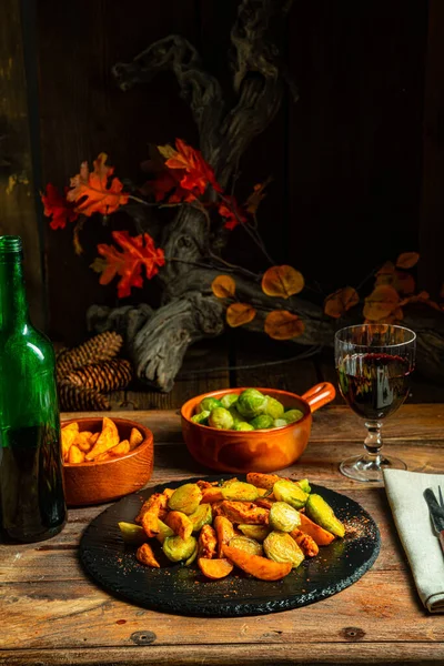 Brussels Sprouts Fried Chicken Breast Potatoes — Stock Photo, Image