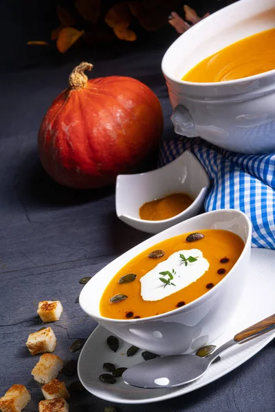 Delicious Vegetable Pumpkin Cream Soup Coconut Milk — Stock Photo, Image