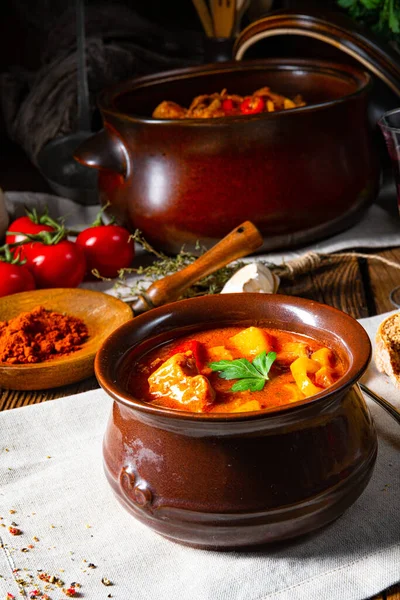 鍋や釜でハンガリーのグーラッシュスープ クローズアップビュー — ストック写真