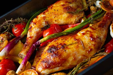Çeşitli sebzelerle kızarmış tavuk bacağı.