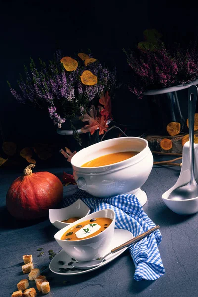 Delicious Vegetable Pumpkin Cream Soup Coconut Milk — Stock Photo, Image