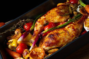 Çeşitli sebzelerle kızarmış tavuk bacağı.