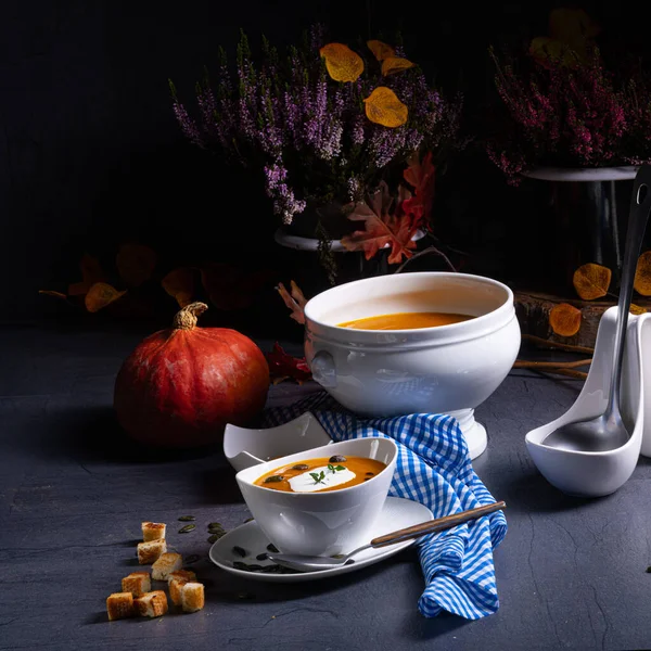 Delicious Vegetable Pumpkin Cream Soup Coconut Milk — Stock Photo, Image