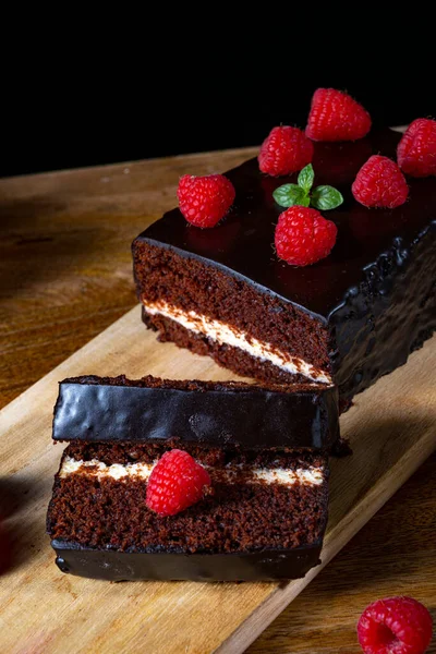 Gâteau Chocolat Avec Framboises Café — Photo