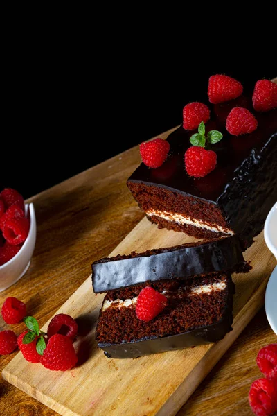 Gâteau Chocolat Avec Framboises Café — Photo