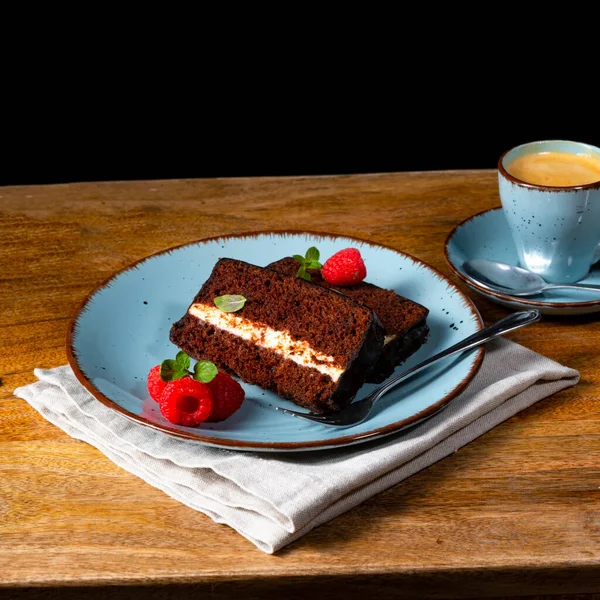 Gâteau Chocolat Rustique Avec Framboises Café — Photo