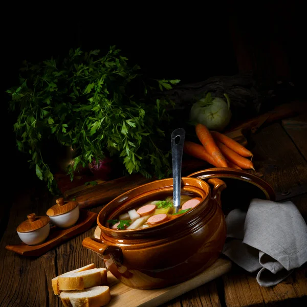 Potato Kohlrabi Soup Bockwurst — Stock fotografie