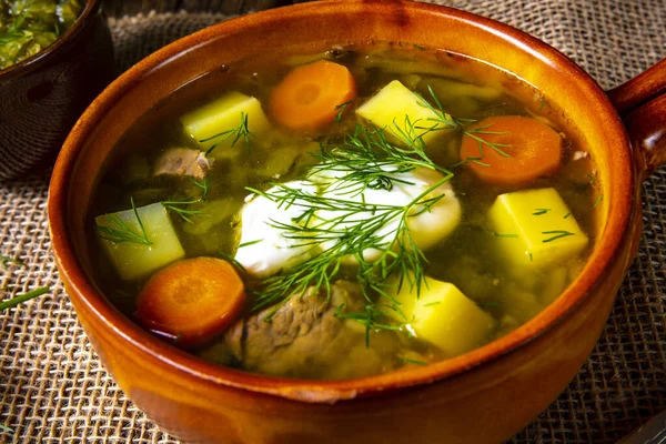 ポーランドの酸味のあるキュウリのスープとディル — ストック写真