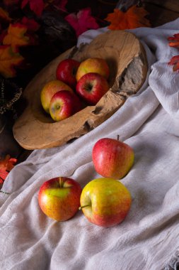 Meyve kasesinde taze toplanmış elmalar.