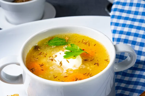 Sopa Cominho Polonesa Velha Deliciosa Com Nata — Fotografia de Stock