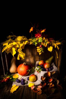 Sonbahar yapraklı ahşap bir kutuda çeşitli meyveler