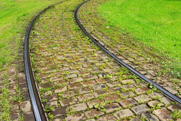 Schienen auf dem Bürgersteig und im grünen Gras — Stockfoto