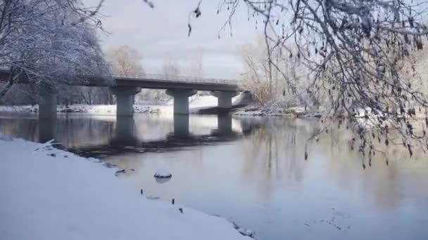 Brücke über den Fluss Gauja im Winter — Stockvideo