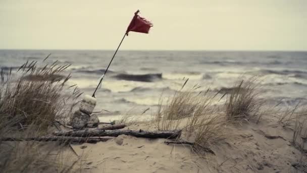 Bandera en las dunas en una tormenta en el Báltico — Vídeos de Stock