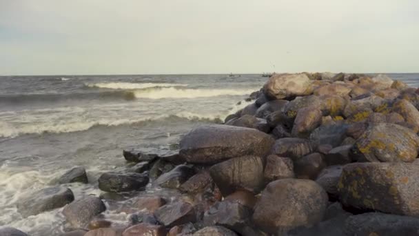 Baltiska vågor kraschar på en fest med stora stenar — Stockvideo