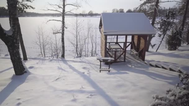 Spazieren Sie an einem schönen frostigen Morgen durch den Winterwald mit schneebedeckten Bäumen. Kein Volk. — Stockvideo