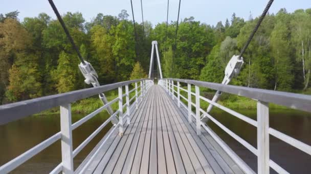 Hängebrücke über den Fluss im Herbst — Stockvideo