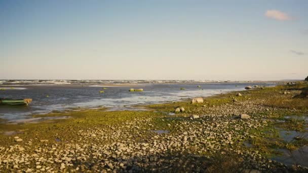 Fishing Boat Rocking Waves Baltic Summer Day Large Stones Narrow — Video Stock