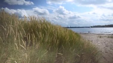İnsanlar, Daugava Nehri 'nin barajındaki iskelede, ağzındaki deniz fenerine kadar dinleniyorlar. Nehir, Baltık Denizi 'nin Riga Körfezi' ne akar. Riga sakinleri için popüler bir tatil yeri