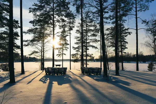 Picknicktafel Bij Het Meer Onder Sneeuw Winter Een Dikke Laag — Stockfoto