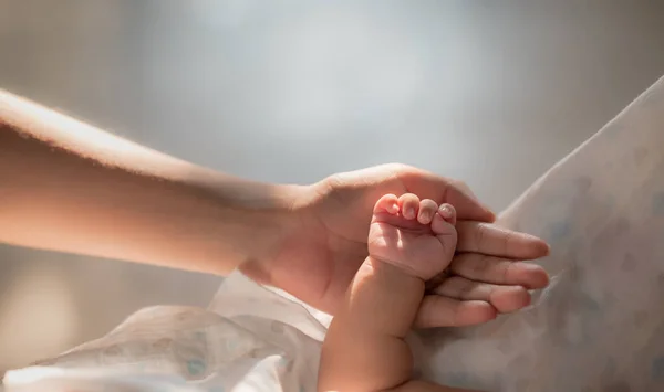 Close Mother Hand Holding Newborn Baby Hand Love Care Morning — Stock Photo, Image
