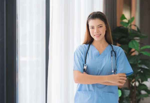 Portrait Happy Smiling Asian Beautiful Nurse Caregiver Woman Standing Window Fotos De Bancos De Imagens Sem Royalties