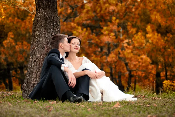 Gelukkige bruid en bruidegom in een park. bruidspaar — Stockfoto