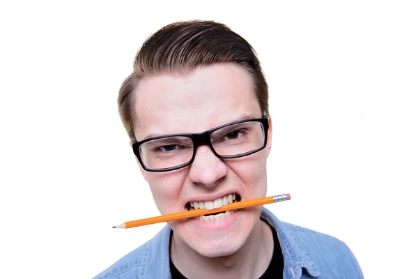 Hombre enojado estudiante con dientes fuertes —  Fotos de Stock