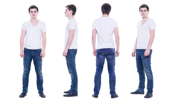 Kolaż zdjęcie młodego człowieka w t-shirt biały na białym tle, przód, tył, widok z boku. — Zdjęcie stockowe